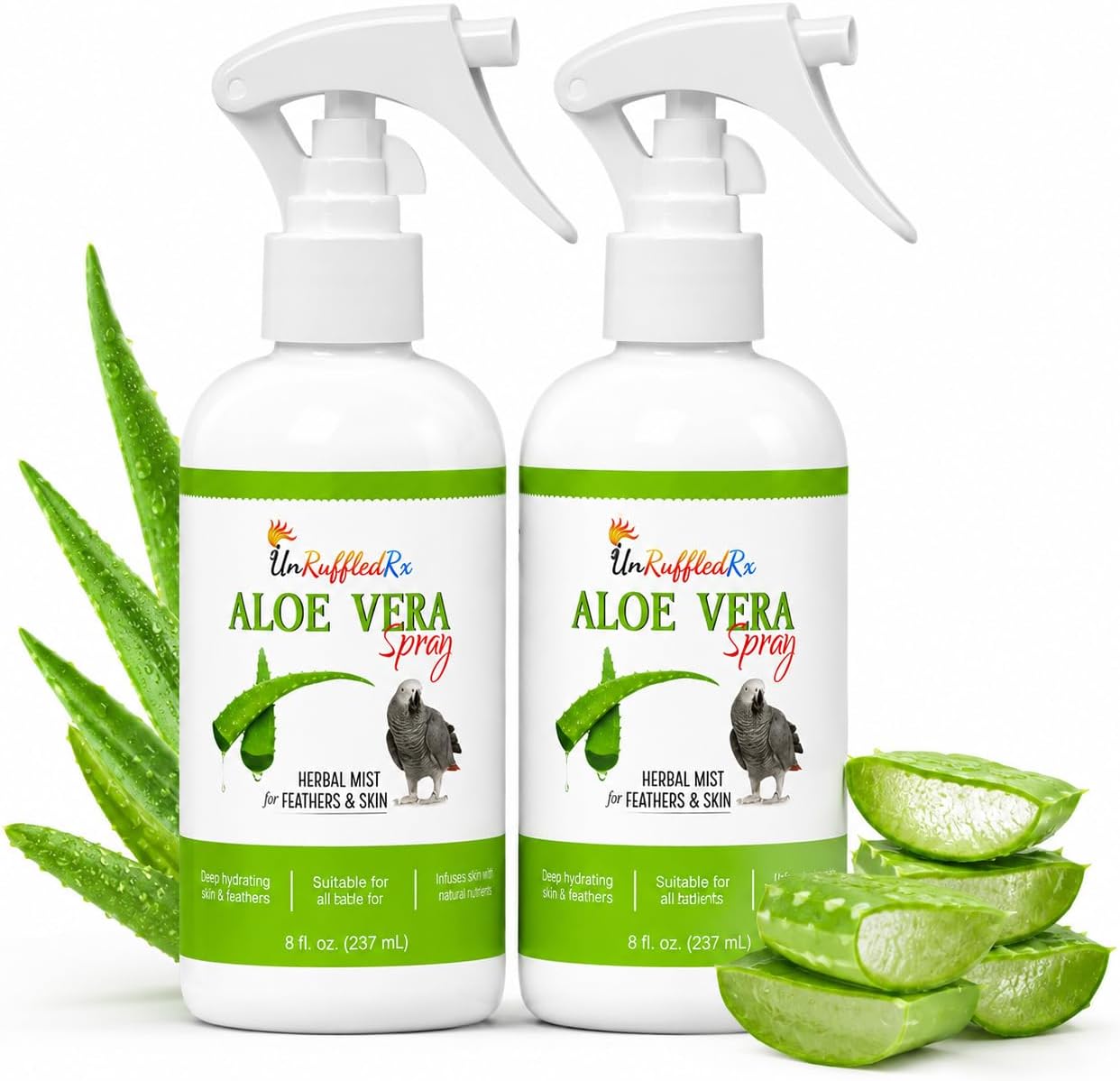 UnRuffledRx Aloe Vera Bird Spray for Parrots 2-Pack | Gentle Daily Support for Itchy Skin, Scratching, Dry Feathers & Feather Comfort | Fragrance Free & Safe if Preened | 8 oz Bottles