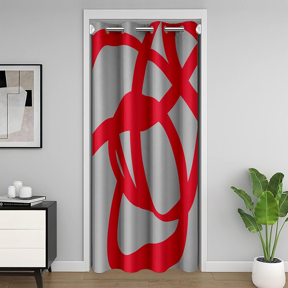 Rideau de porte 150x203cm stripe géométrique rouge et gris occultant pour l'entrée