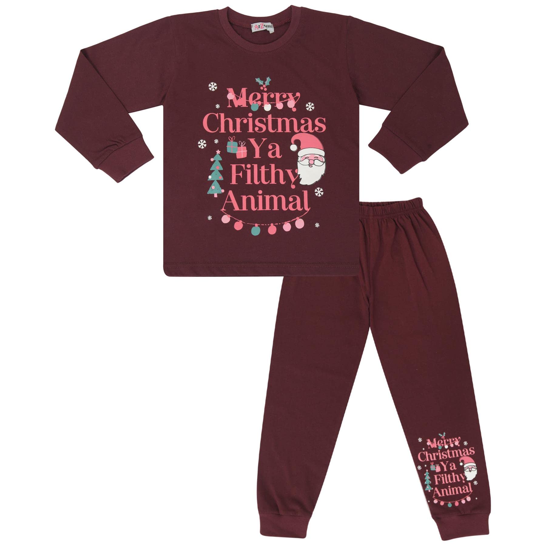 A2z 4 Kids Girls Wine Christmas Pyjamas 100% Cotton Ya Filthy Animal Santa Print Festive - Pjs 206 _11-12