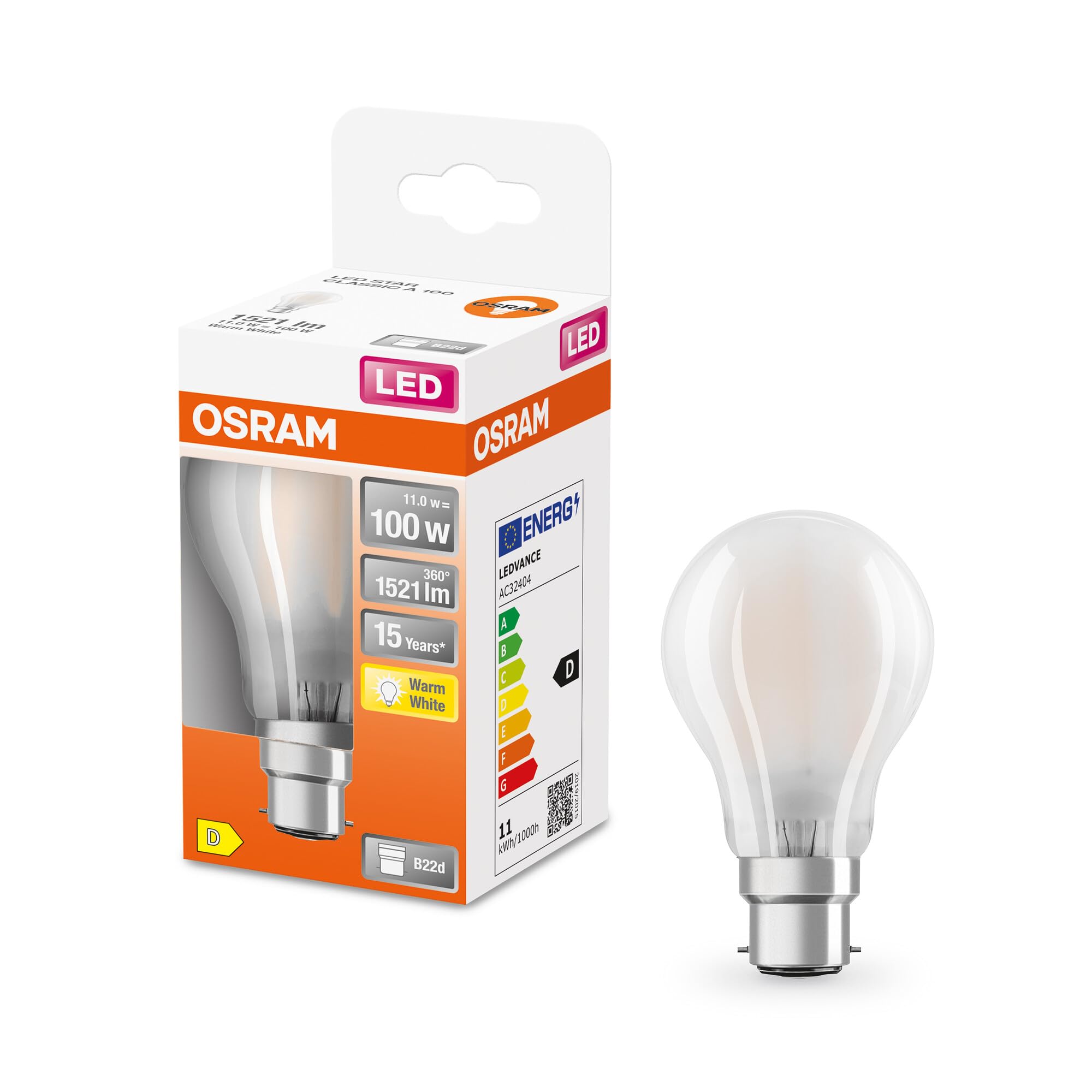 OSRAM Led Star Classic A100 Led Lamp for B22D Base, Pear Shape, Matt Glass, 1521 Lumens, Warm White (2700K), Replacement for Conventional 100W Light Bulbs, Not Dimmable, 1-Pack