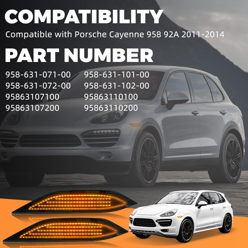 LED Side Marker Light, Compatible with Porsche Cayenne 958 92A 2011-2014, 958-631-101-00, 958-631-102-00, Smoked Cover Amber Side Marker Light, Smoke Lens Solid Constant Light