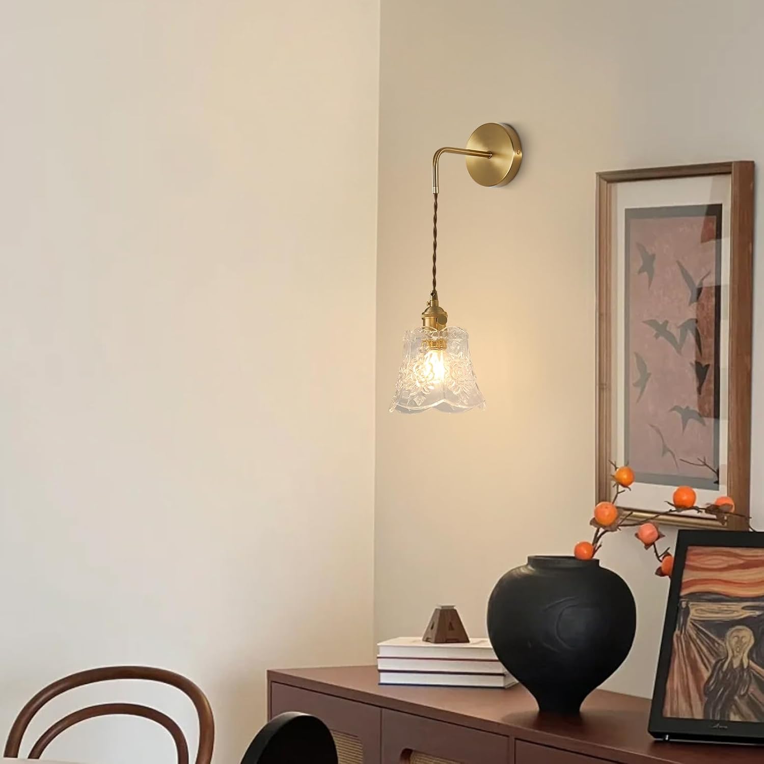 BOKT Gold Wall Lamp for Bedroom Mid Century Modern Sconce Vintage Indoor Sconces Wall Lighting with Clear Glass Floral Lamp Shade for Bathroom Bedside Farmhouse
