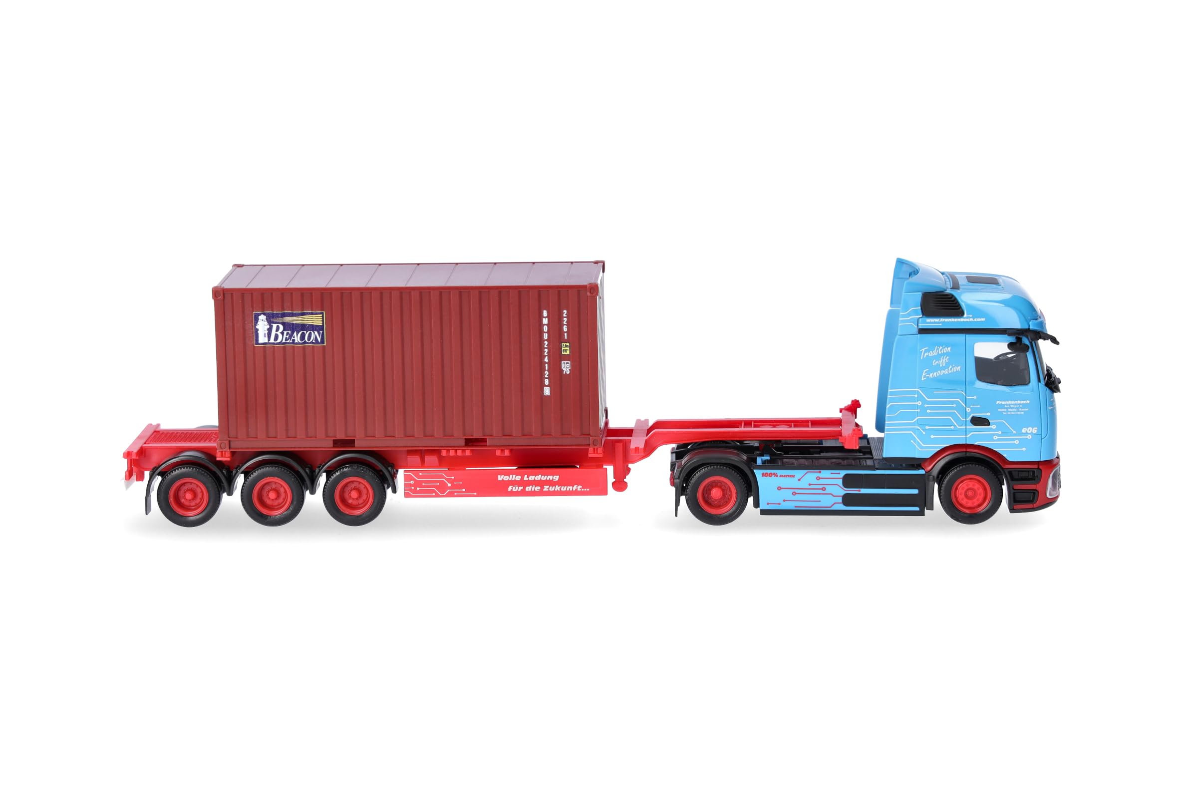 Herpa LKW Modell Mercedes-Benz eActros ProCabin BigSpace 20 ft. Container-Sattelzug Frankenbach, Miniatur im Maßstab 1:87, Sammlerstück, Made in Germany, Kunststoff