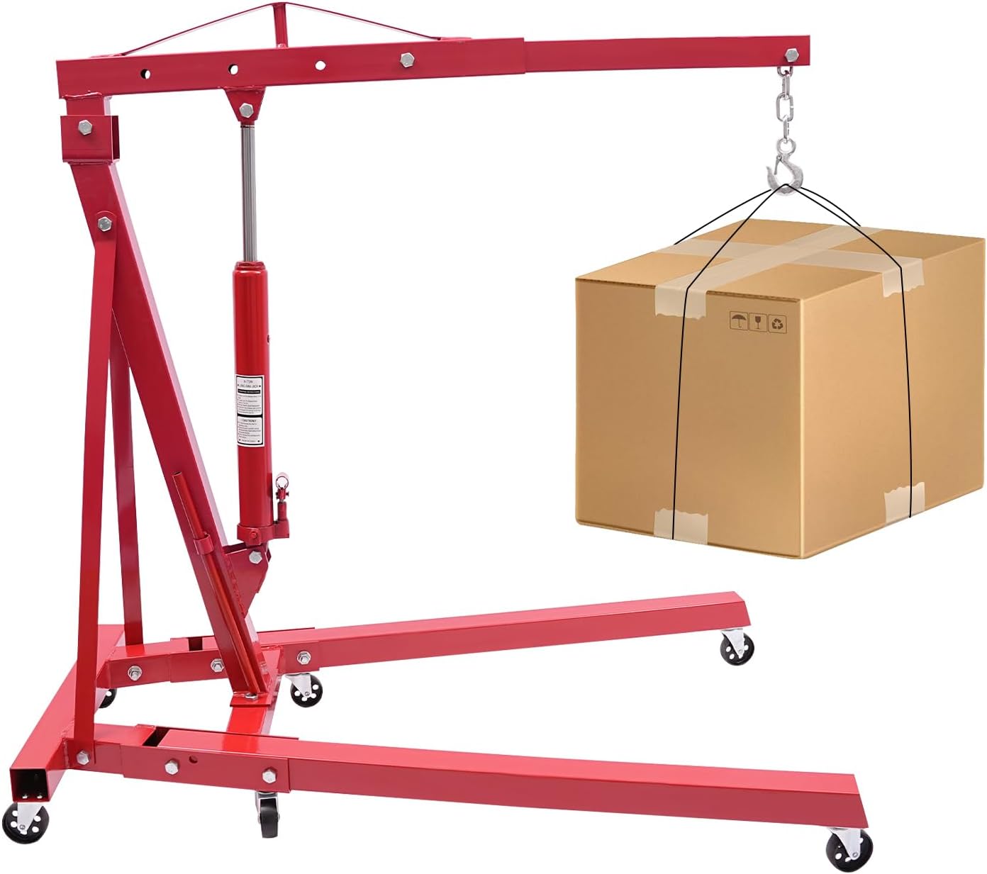 1Ton/2204.6LBS Folding Crane Engine,Hoist Hydraulic Engine with 4 Casters,Heavy Duty Folding Crane Hoist Lift Motor Hoist,for Car Fixing,Workshop,Garage (Red, 1 T)