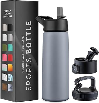 Triple-Insulated Stainless Steel Water Bottles with Straw, 25 Oz Reusable Insulated Water Bottles with 3 Lids, Metal Water Bottle for Travel, School, Sports, Gym/Men, Women & Kids Modern Lava Gray