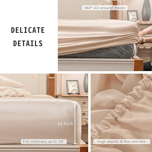 Miniatura 5 de PROMEED Sábana bajera ajustable de seda natural 6A+ 23 Momme solamente, 1400 hilos, 100% seda de morera real, con bolsillo profundo de 16 pulgadas