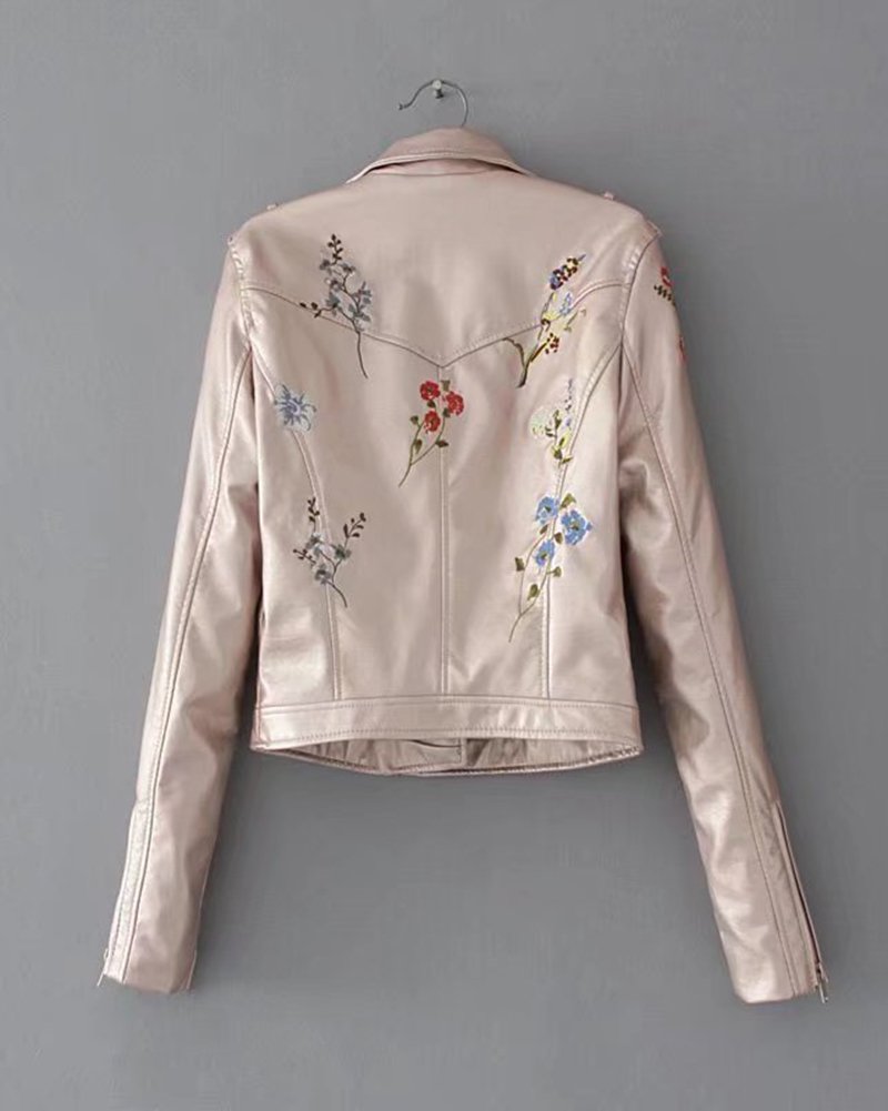 Femme Retro PU Cuir Veste avec Broderie Biker Moto Zipper Faux Cuir Manteau Blouson