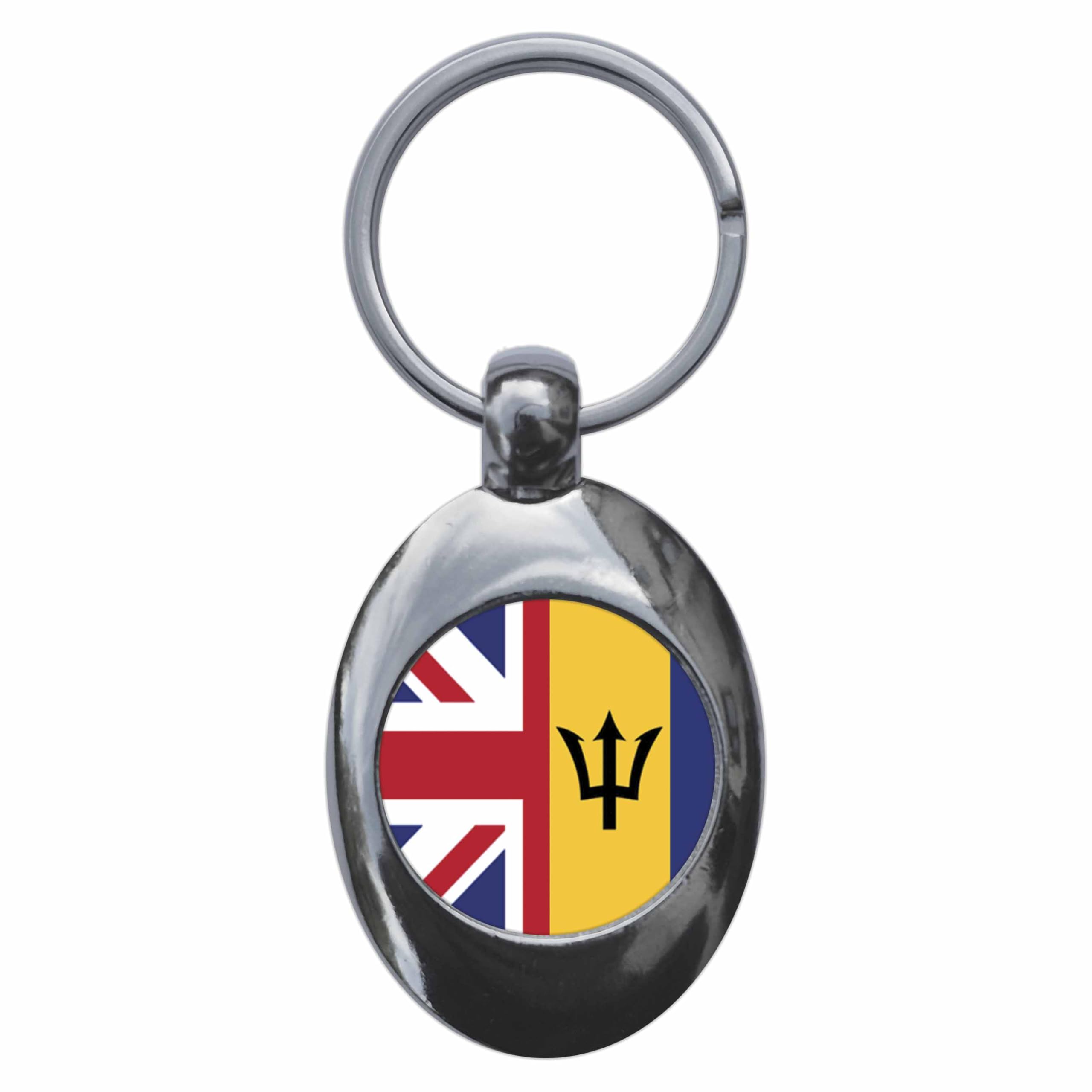 Ozorath Barbados United Kingdom Split Flag Keyring Keychain With Trolley Coin