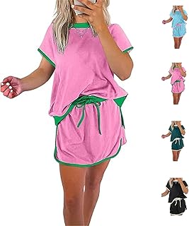 Pinklaura - Conjunto de pantalón corto para mujer, conjunto de 2 piezas, camiseta y falda con hombros caídos y borde de bloque de color