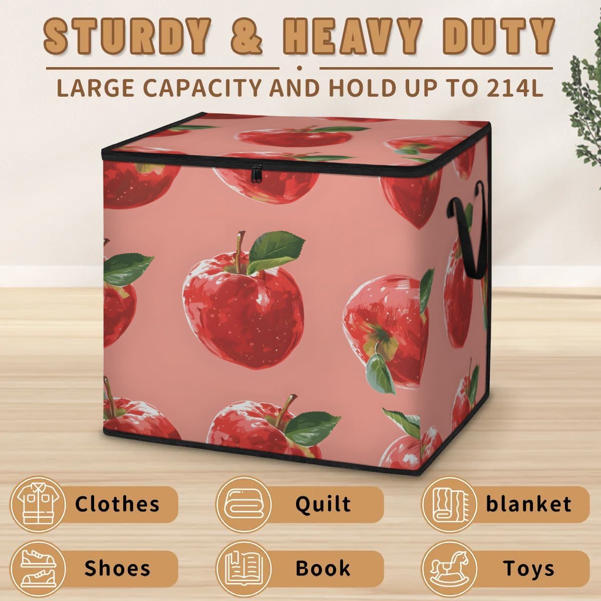 Honeybaby 214L Extra Large Comforter Storage Bag Red Apples Pattern Storage Totes with Lids Waterproof Closet Organizer Folding Blanket Storage Bags for Clothes Bedding Pillows