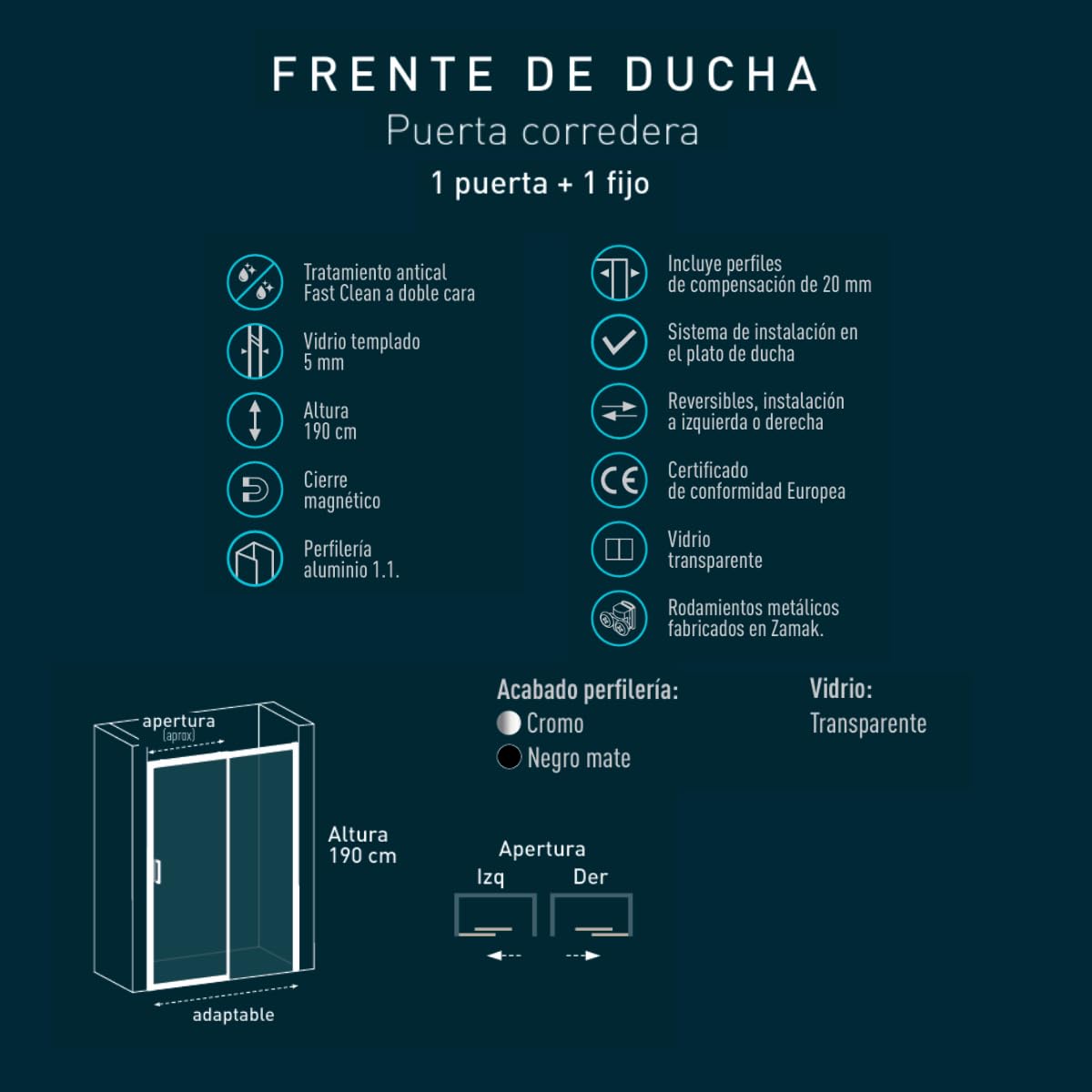Mampara de Ducha Frontal Corredera 1 Puerta 1 Fijo | Vidrio Templado 5mm Antical Altura 190cm Transparente | Perfil Negro 140cm (Adaptable 138-142cm)