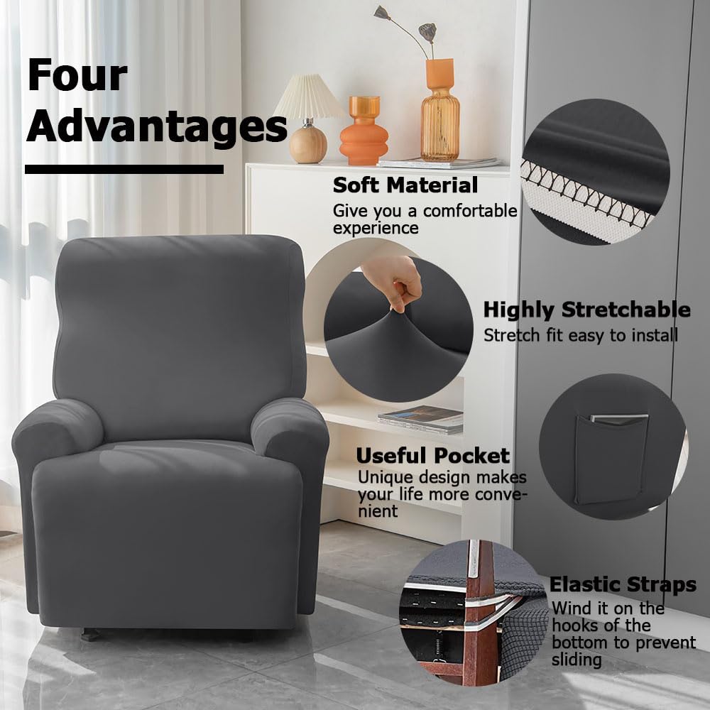 Highdi Housse de Fauteuil Relax Doux Extensible, Couleur Unie Housse de Canapé Antidérapante avec Poche Latérale, Protege de Meubles Lavable pour Fauteuil Inclinable (Gris foncé,3 Places)