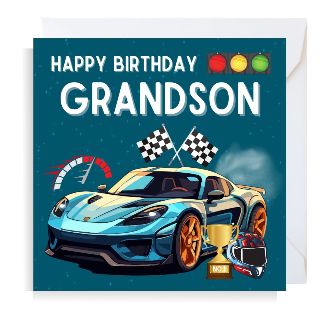 Second Ave Racing Car Grandson Square Children's Kids Birthday Greeting Card for Boy
