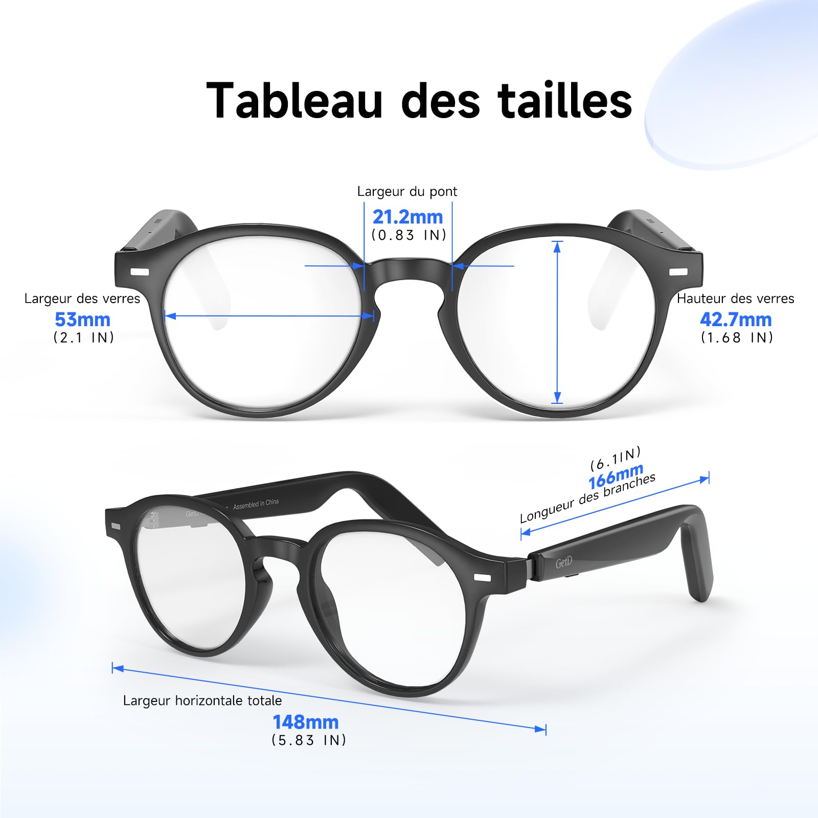 GetD Lunettes AI – Intelligence ChatGPT et Traduction instantanée par IA | Verres photochromiques. Traduction IA dans 145 langues. Appels mains libres. Audio immersif. Conversations avec l'IA