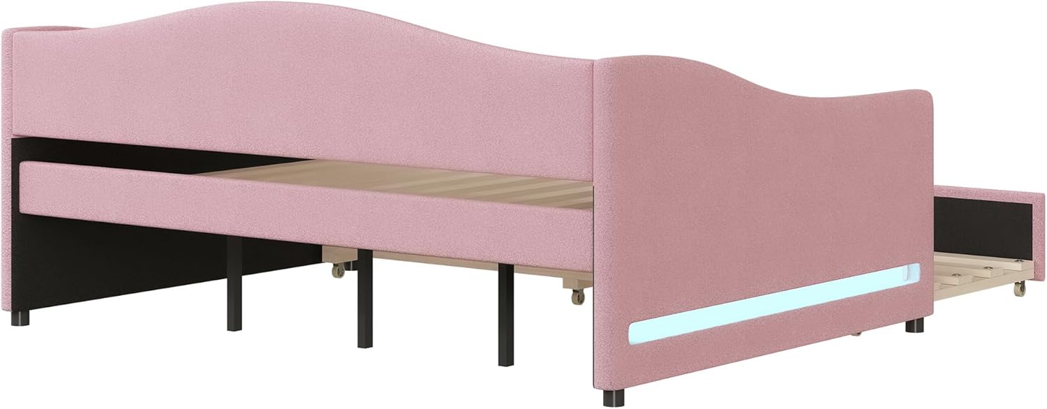 Full Size Upholstered Daybed with Trundle,Teddy Fleece Full Daybed Frame,Full Day Bed with LED Light,Tufted Sofa Bed Daybed for Bedroom,Living Room,Guest,Pink