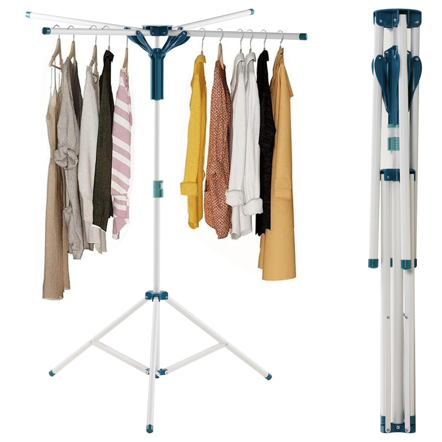 X spring Tripod Clothes Drying Rack, Adjustable Tripod Clothes Hanger Rack with 4 Branches, Portable and Foldable Clothes Drying Rack, Space Saving Laundry Drying Rack for Indoor Outdoor