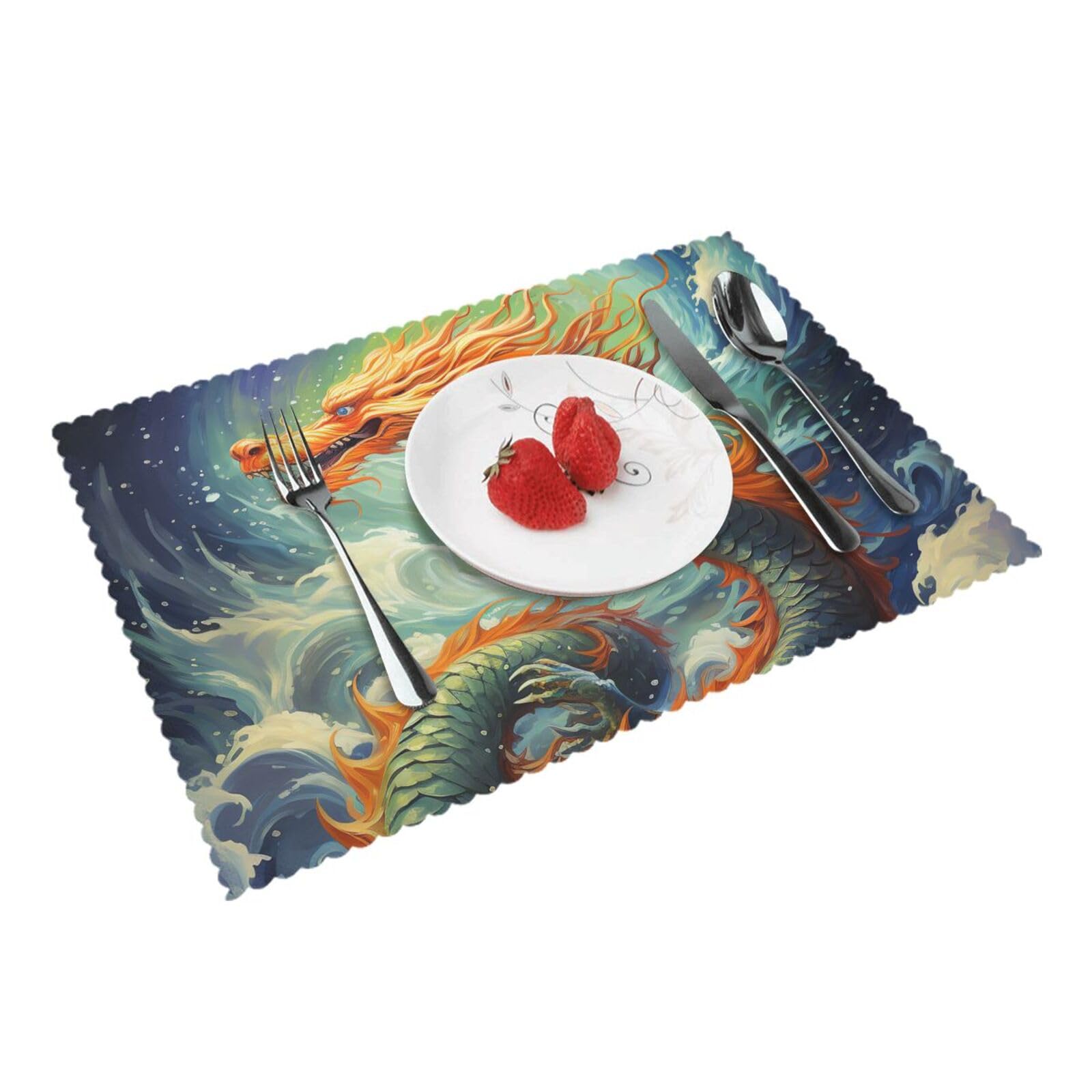 Placemats Set of 4 Heat Resistant Woven Place Mats for Dining Table Chinese Dragon Oil Painting Placemats Washable Wipeable PVC Table Mats Indoor/Outdoor Place Mats for Party Kitchen Decor 30x45 cm
