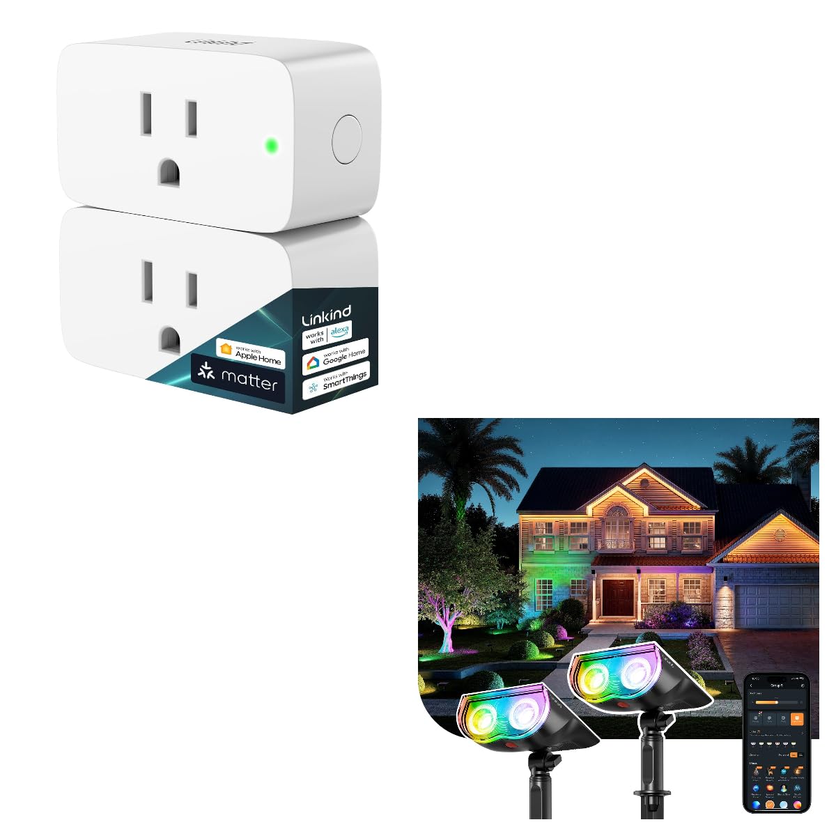 Matter Smart Plug, Work with Apple Home, Siri, Alexa, Google Home, SmartThings & Linkind Smart Solar Spotlight SL5C, Color Changing Landscape Lighting, APP/Voice Control Solar Lights Outdoor,