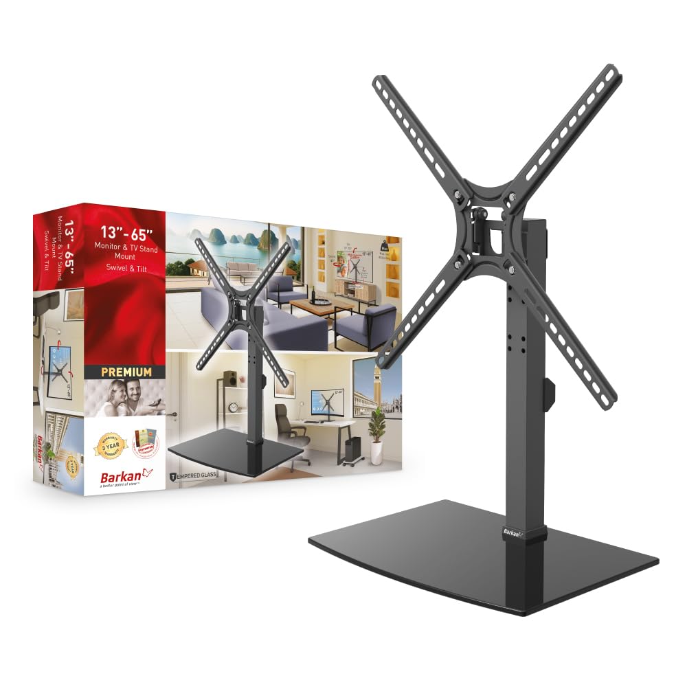 Barkan Soporte Pie TV de Pedestal Superior de Sobremesa con Soporte para Pantallas de 13-65 Pulgadas, Giratorio e inclinable, Altura Ajustable, Peso máximo 36Kg, Vidrio Templado, hasta VESA 400x400
