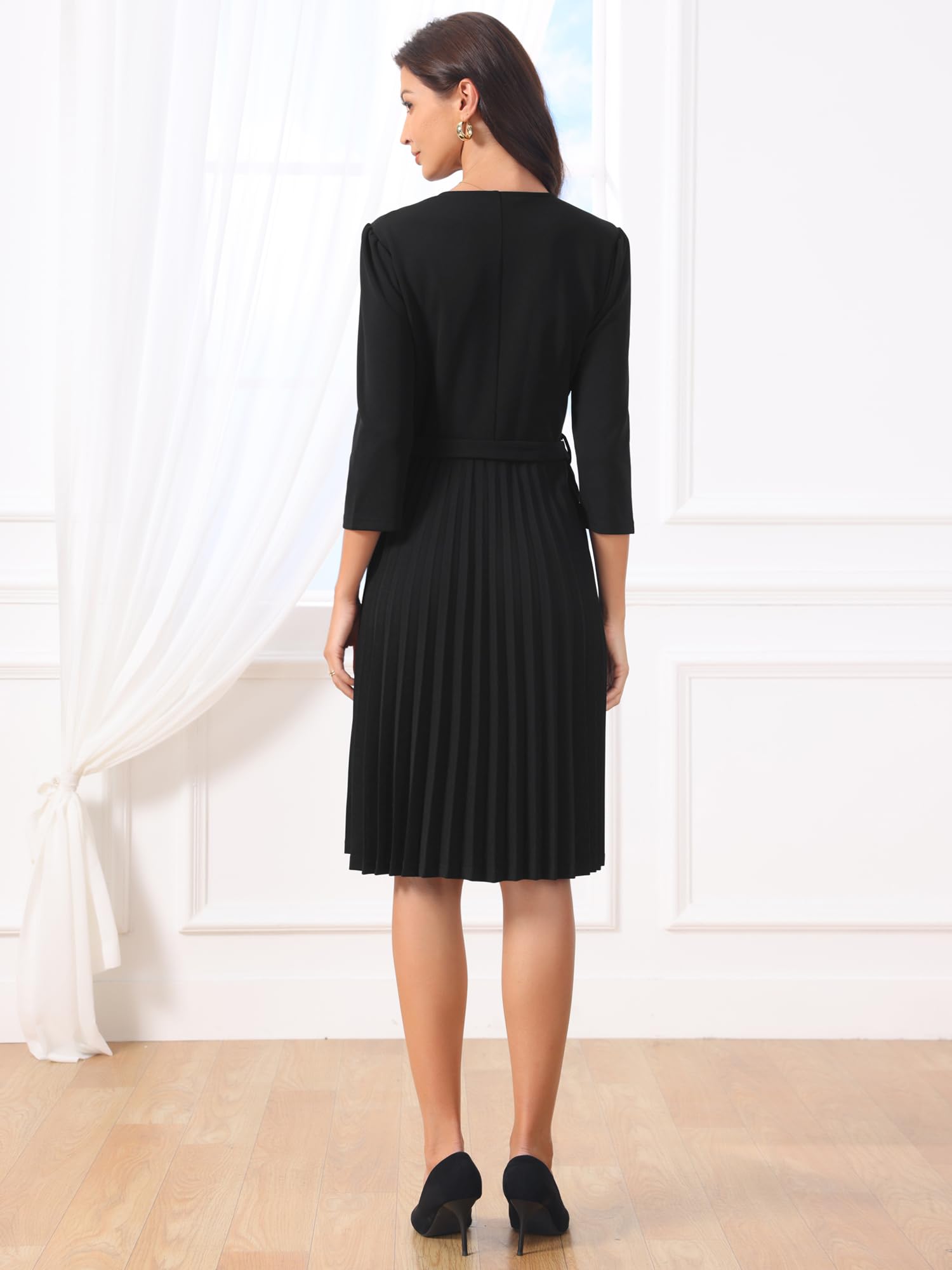 Hobemty Mujer Vestido Elegante Plisado Escote en V Manga 3/4 Cinturón 2026