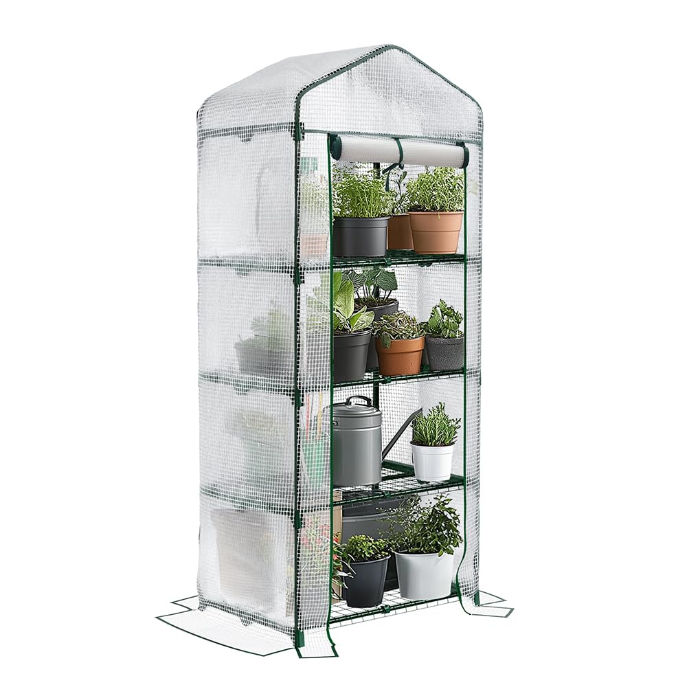 VOUNOT® Mini Greenhouse with 4-Tier Shelves Garden Greenhouse Reinforced Cover 135g/m2 for Vegetables, Plants, Flowers All Seasons Outdoor Uses, White 69x49x160cm