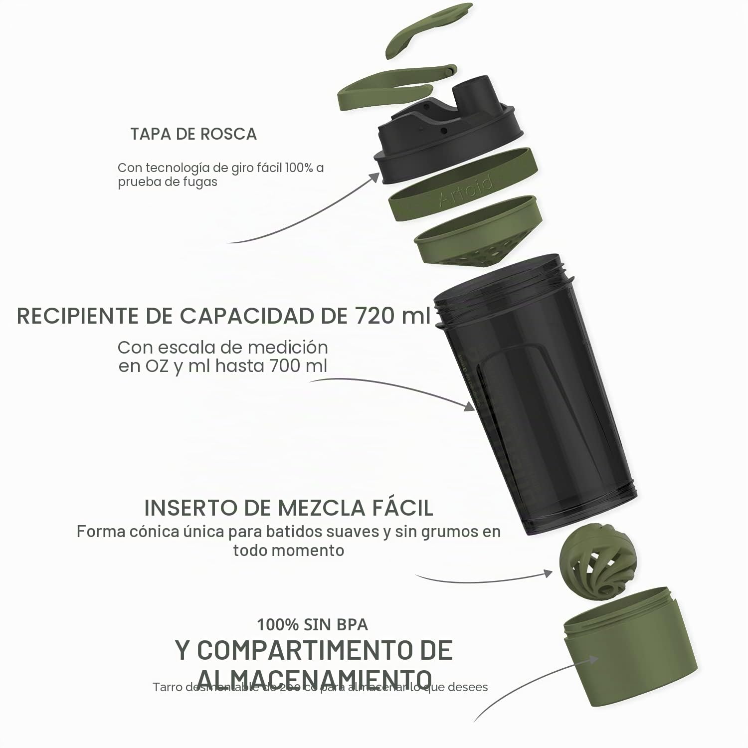 Artoid Mode Protein Batidor de Proteínas con Compartimento para Polvos Bebidas Deportivas Jabón de Manos Negro/Verde 720ml, Colador Organizador bolas espiral 200ml Suplementos dietéticos sin BPA
