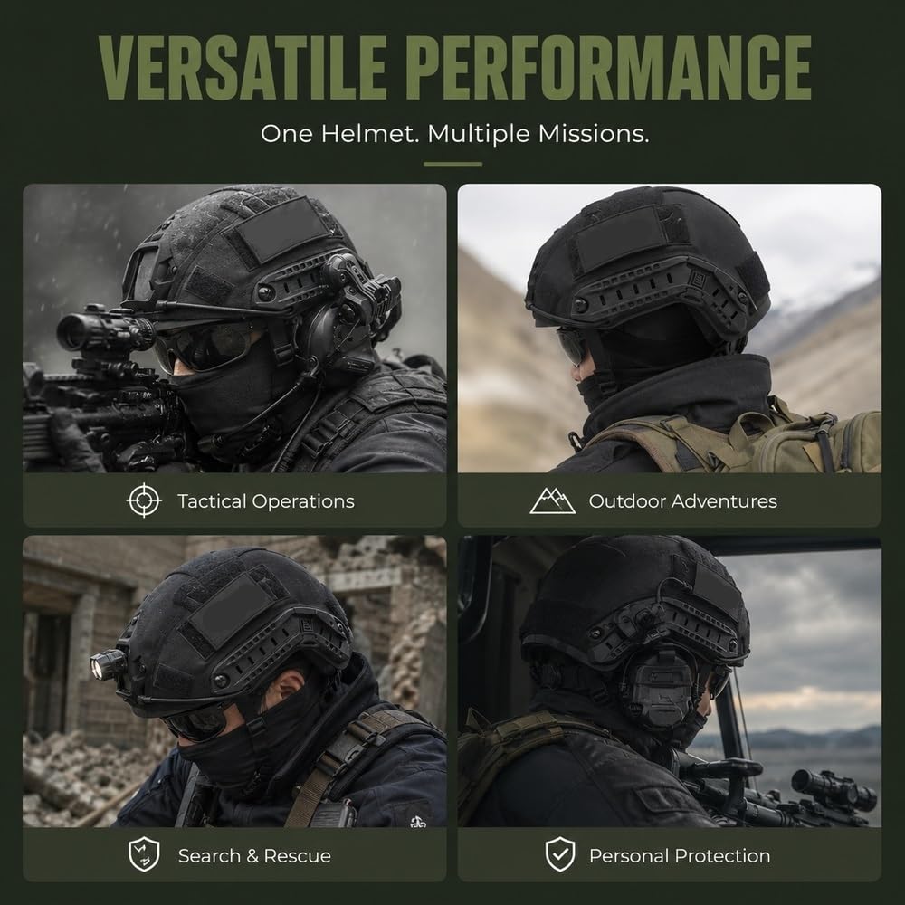 Fast FRP-Helm, komplettes Zubehör-Set, leichte Headset-Brillen-Requisite | Einteilige FRP-Schale, Verstellbar, Mit Taschenlampe, Headset, Tasche, Requisiten
