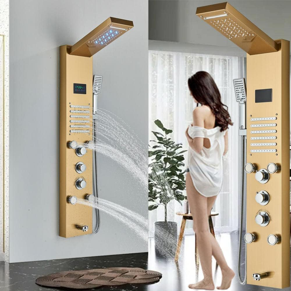 LED rainproof and waterfall shower panel tower rain massage system body Jet gold