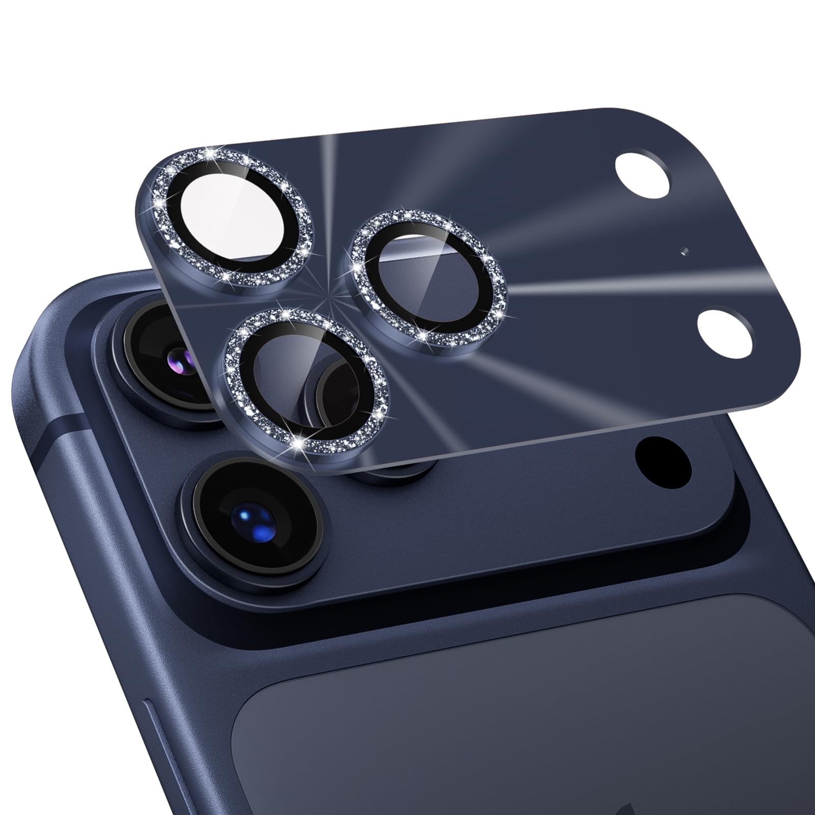 Podick カメラフィルム iPhone 17 Pro Max 用 カメラカバー キラキラ 9H強化ガラス 全面保護 アイフォン 17 Pro Max用 カメラ保護 ピカピカ キズ防止 耐衝撃 高透過率 黒縁取り 露出オーバー防止 いphone 17 pro max レンズカバー プロテクター ディープブルー