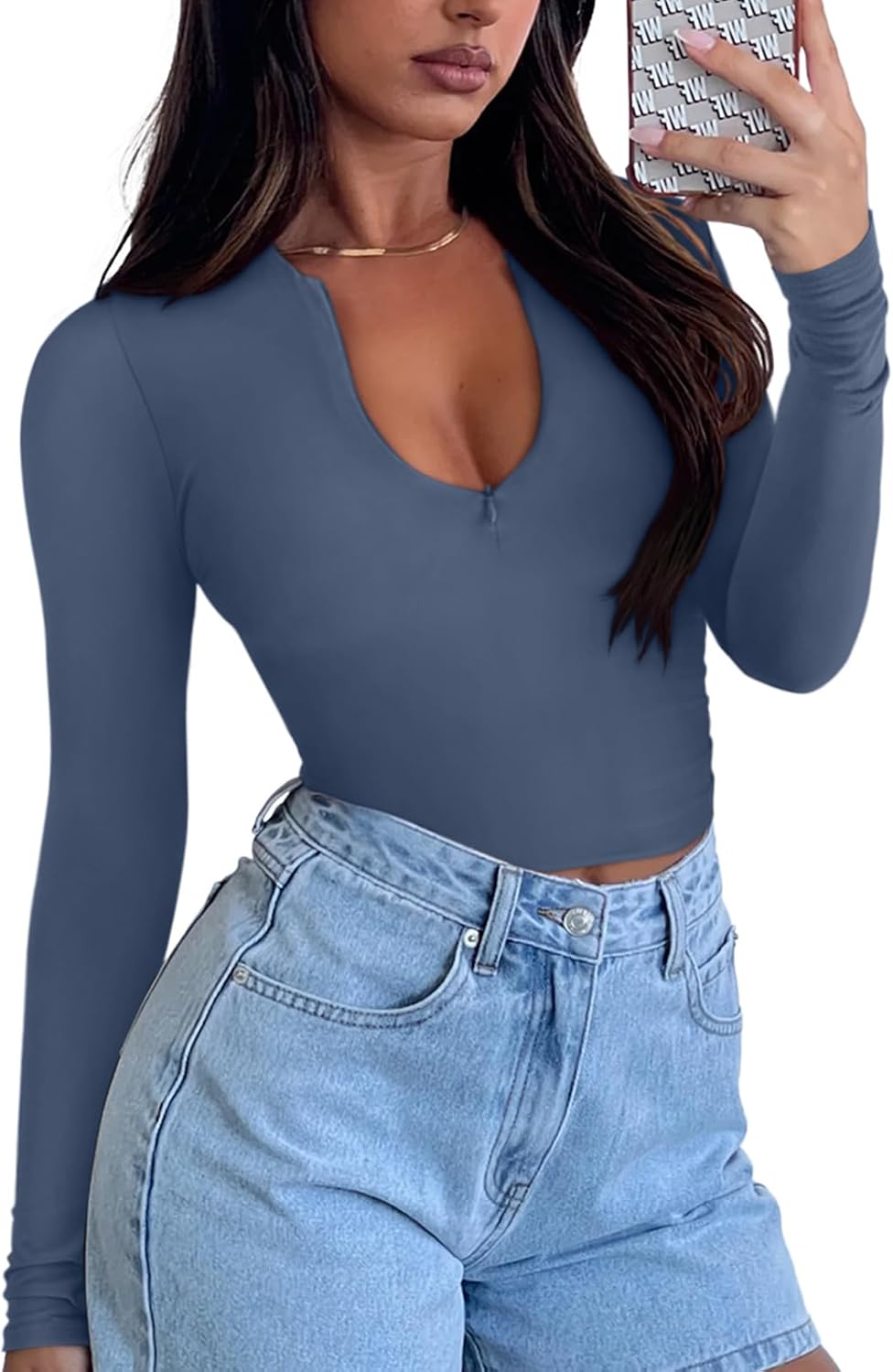 REORIA Double Lined Quarter Zip Sexy V Neck Long Sleeve Cropped Top Going Out Tops for Womens Fall Fashion 2025 - Image 3