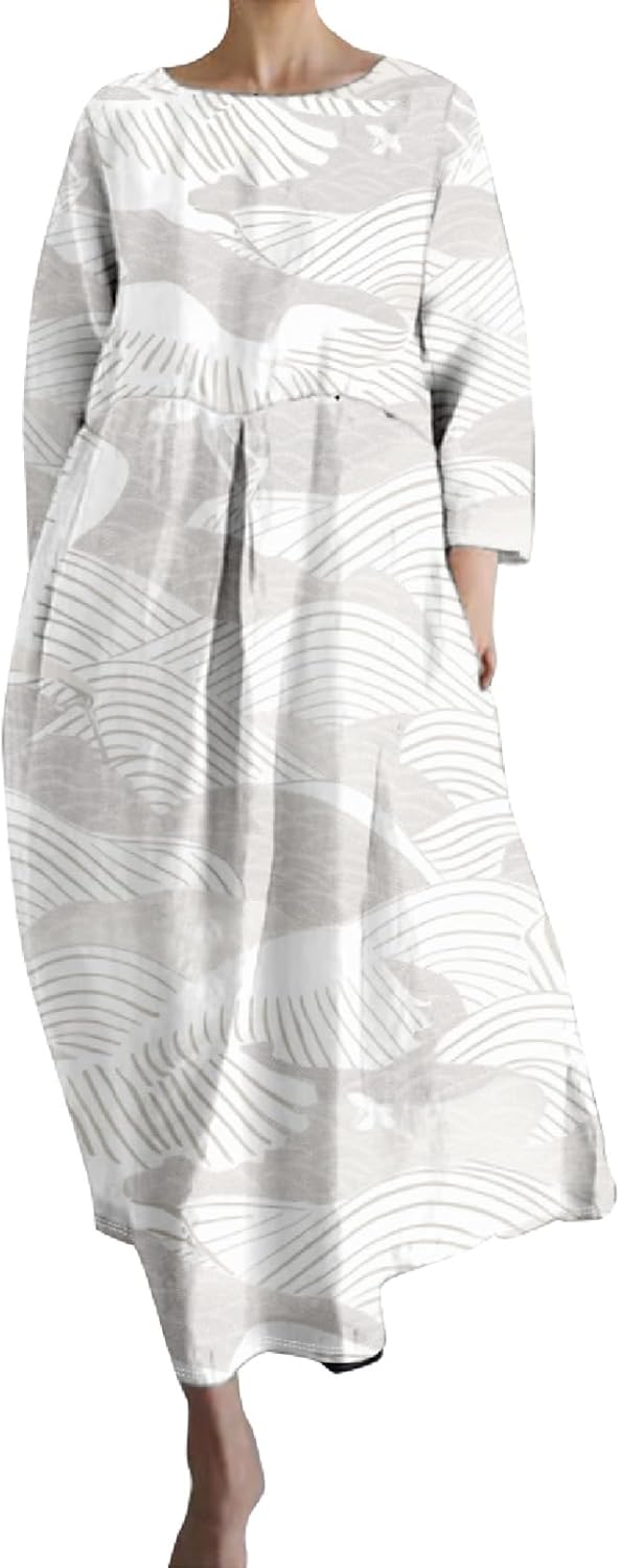 MARSVOVO Long Flowy Dresses for Women Casual Flowers Graphic 3/4 Sleeve Crewneck Boho Plus Size 2024 Summer Beach Dress