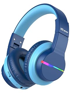 iClever BTH12 Kids Bluetooth Headphones,Colorful LED Lights Kids Headphones Wireless,74/85dBA Safe Volume,85H Playtime,Fast Charging,Bluetooth 5.2,Over Ear,Built-in Mic for iPad/Tablet/Airplane,Blue - Amazon product rated Grade A