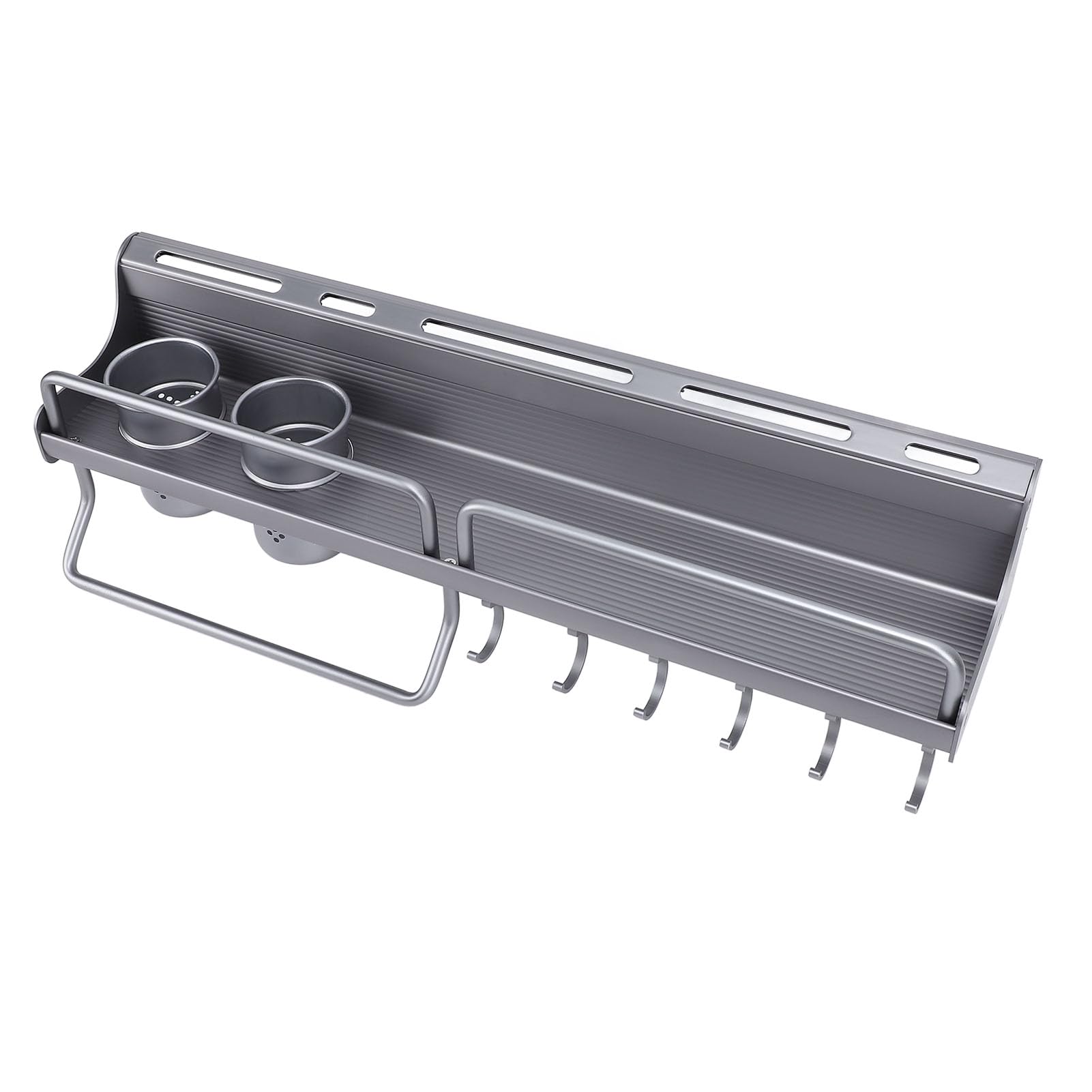 Jiawu Support Mural pour Ustensiles de Cuisine en Alliage d'aluminium, étagère de Rangement Peu Encombrante avec Deux Paniers à Baguettes, Support Suspendu de Cuisine Gris pour Ustensiles, Outils et