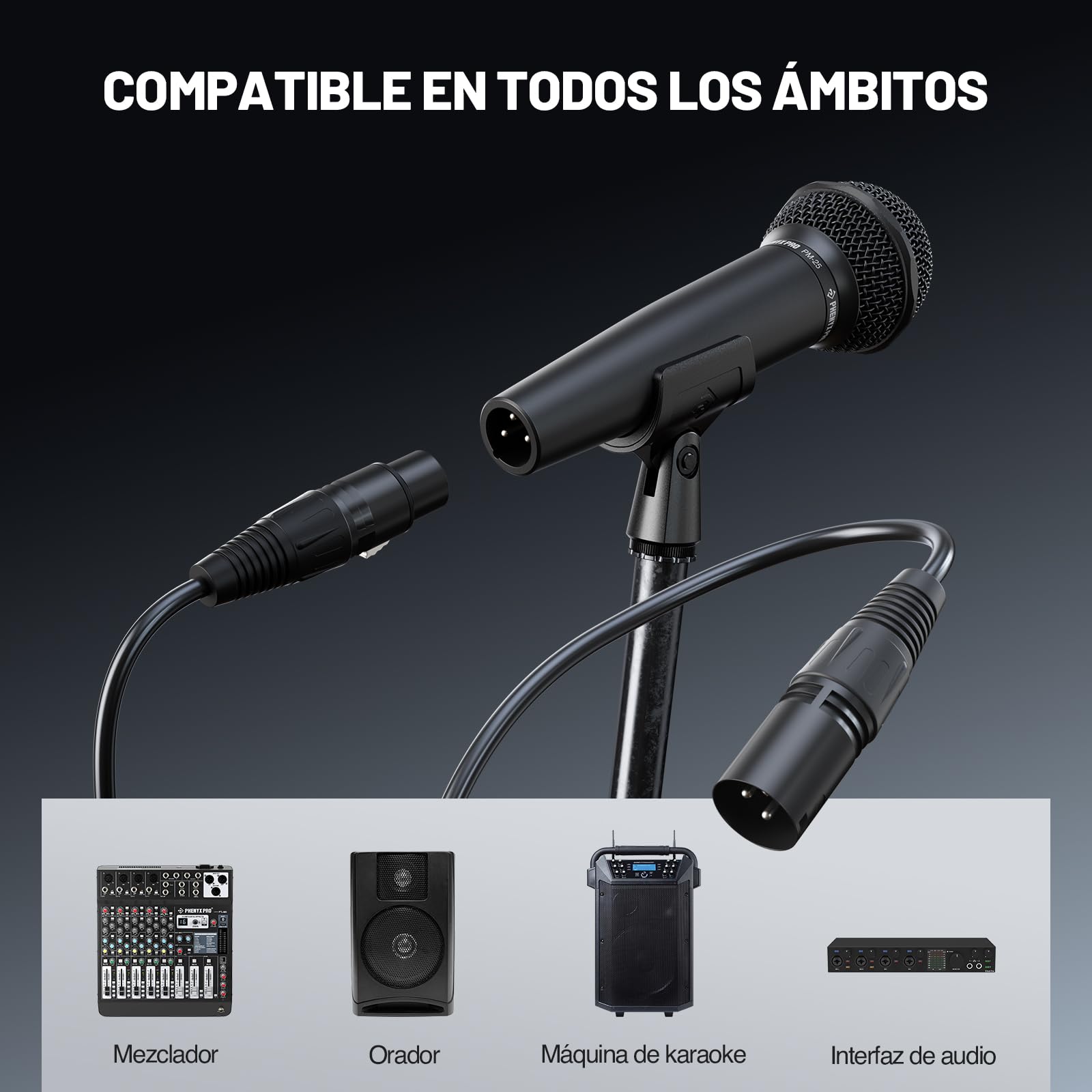 Phenyx Pro Micrófono Vocal Dinámico Cardioide XLR PM-25 | Patrón cardioide, Mic de mano dinámico, Cable XLR de 5 m, Clip de micrófono, Bolsa de transporte, Canto, Escenario
