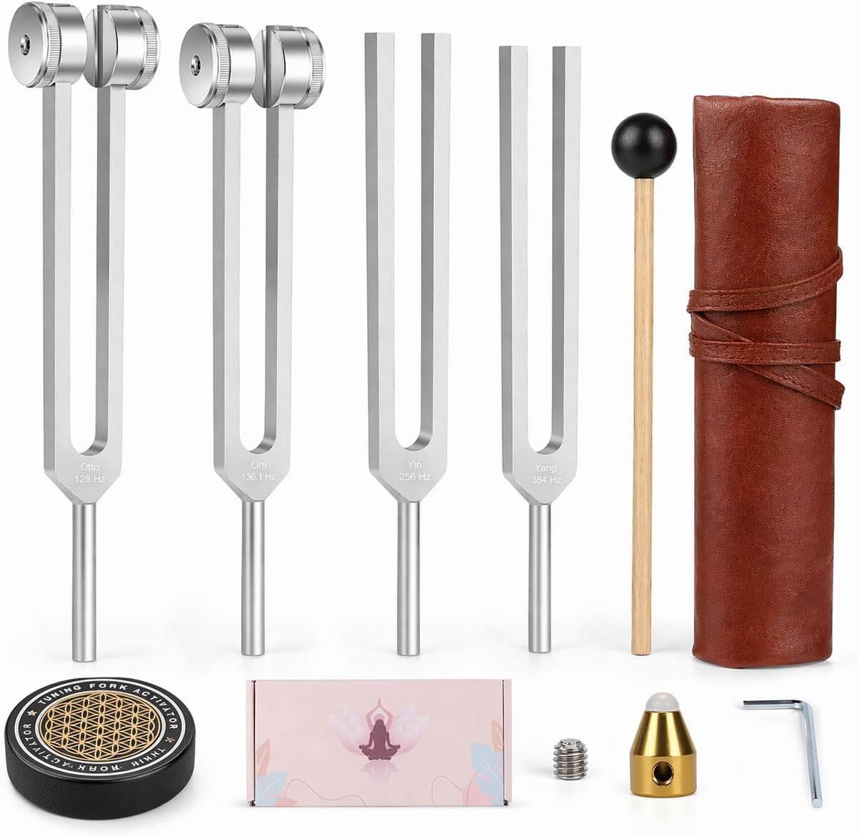 Tuning Forks for Healing Set, 128Hz 136.1Hz OM 256Hz 384Hz, Aluminum Alloy Sound Therapy Kit for Meditation, Yoga, Chakra Balancing and Reiki, Includes Mallet, Activator and Pouch