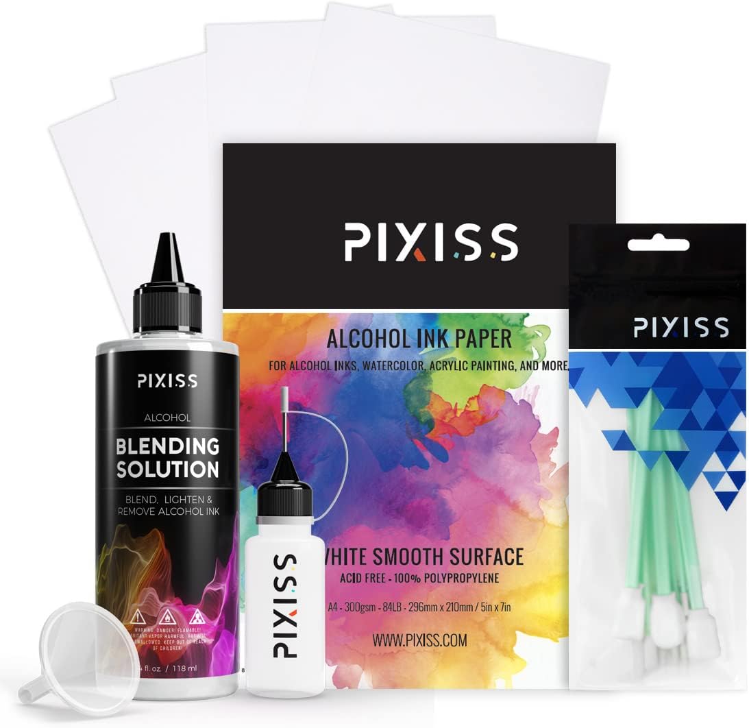 Alcohol Ink Paper Blending Solution and Alcohol Blending Brushes, Alcohol Ink Supplies Include 25 Sheets Medium 5x7-Inch, 4-Ounce Blending Solution and 10 Brushes