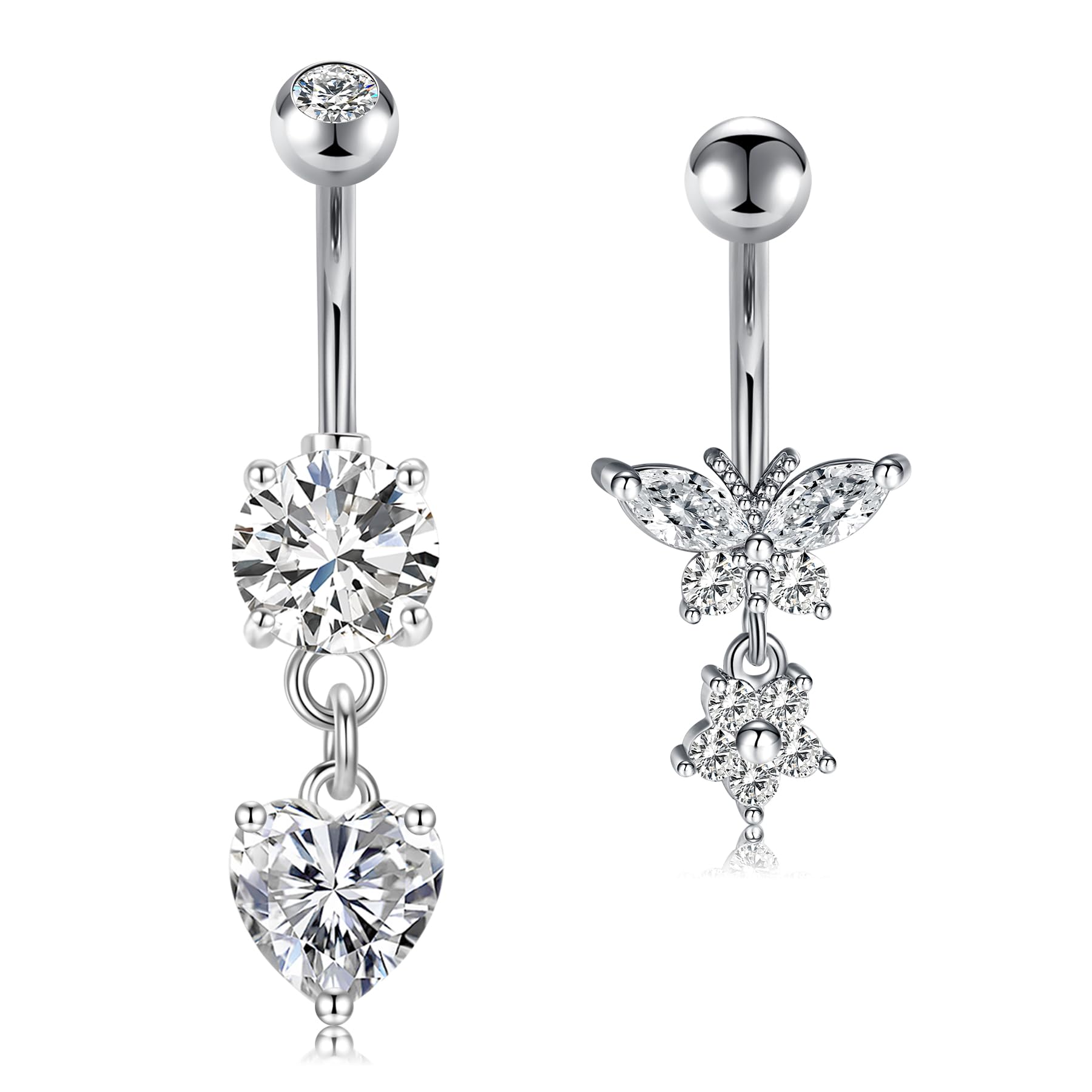 NIUSIMAN 3 piezas Piercing ombligo,14G piercing ombligo acero quirurgico de plata oro CZ corazón mariposa ombligo joyería bola de cristal ombligo Piercing Aro largo Barbell Set para Mujeres