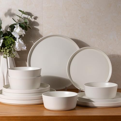 AmorArc Ceramic Dinnerware Sets for 4,12 -Piece Double Color Stoneware Plates and Bowls Set,Chip and Crack Resistant | Dishwasher & Microwave Safe Dishes Set,Service for 4 -Cream