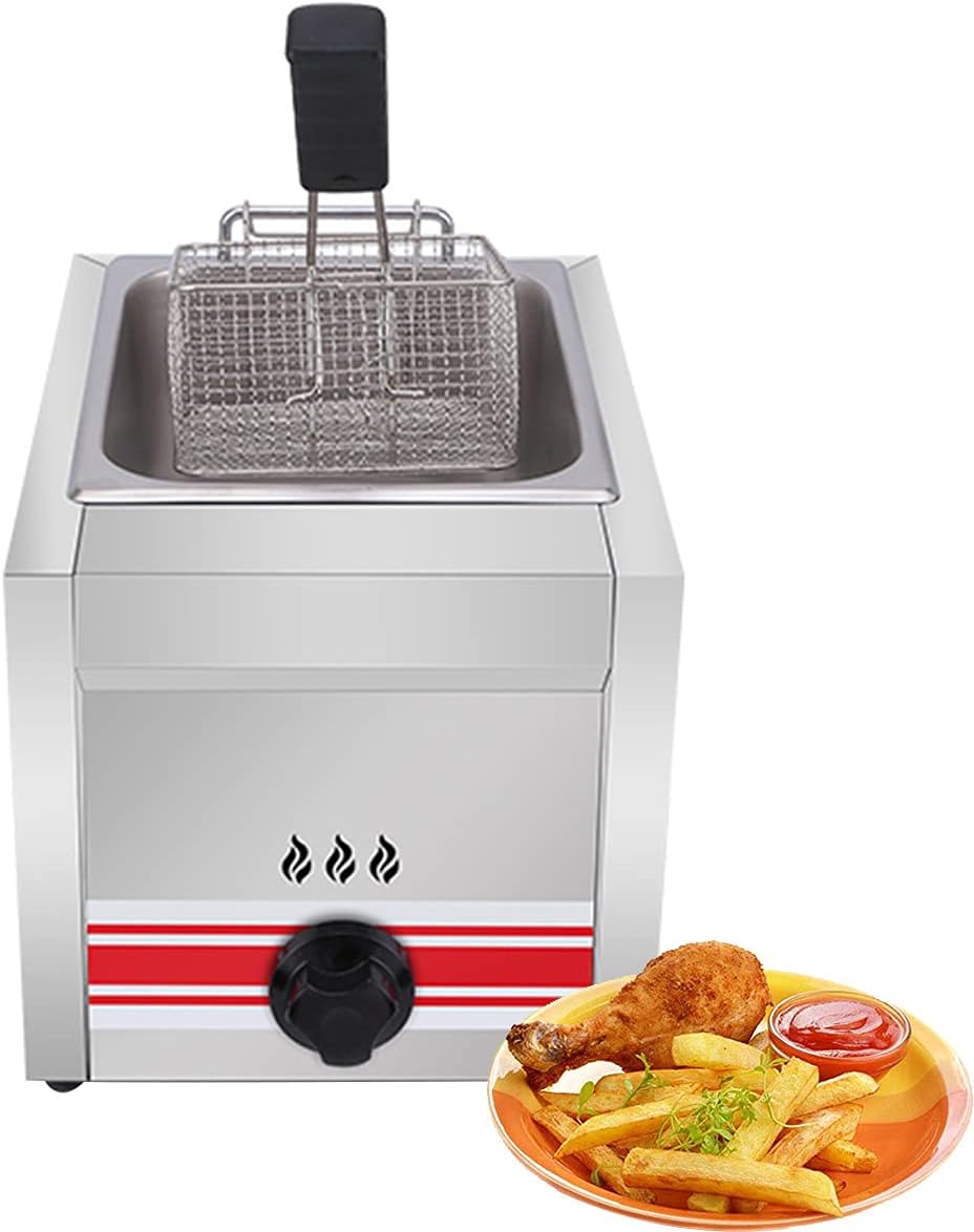 Commercial Gas Fryer Single/Double Cylinder Gas Fryer Tank Stainless Steel Chicken Chips Fryer with Basket and Cover for Commercial Restaurant Home Kitchen (Single Cylinder)