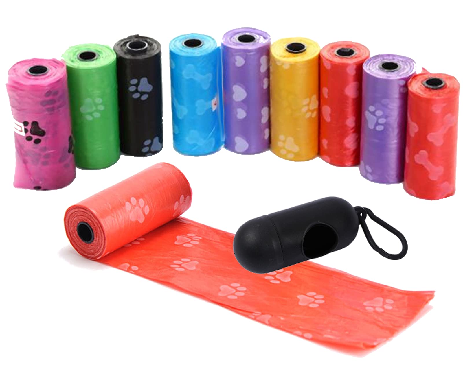 150x Hundekotbeutel bunt mit Aufdruck 30 x 22 cm (10 Rollen mit 15 Beutel) + Beutelspender mit Leinenclip schwarz