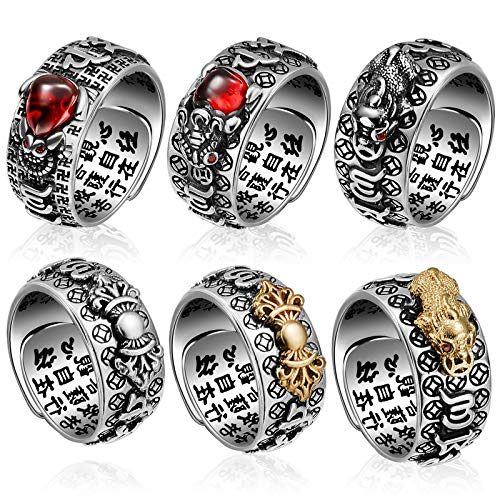 Henoyso 6 Pieces Silver Pixiu Ring Silver Feng Shui Pixiu Ring Amulet Lucky Wealth Jewelry Adjustable Ring for Women Men