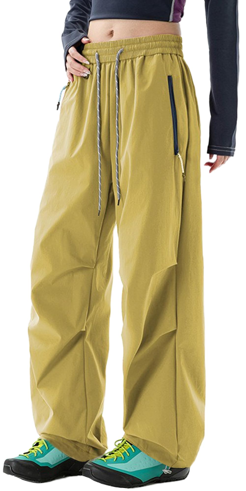 SEAUR Pantalones cargo de paracaídas para mujer, holgados, de secado rápido, ligeros, con bolsillos con cremallera, cordón en los tobillos, resistentes al agua, para camping, senderismo