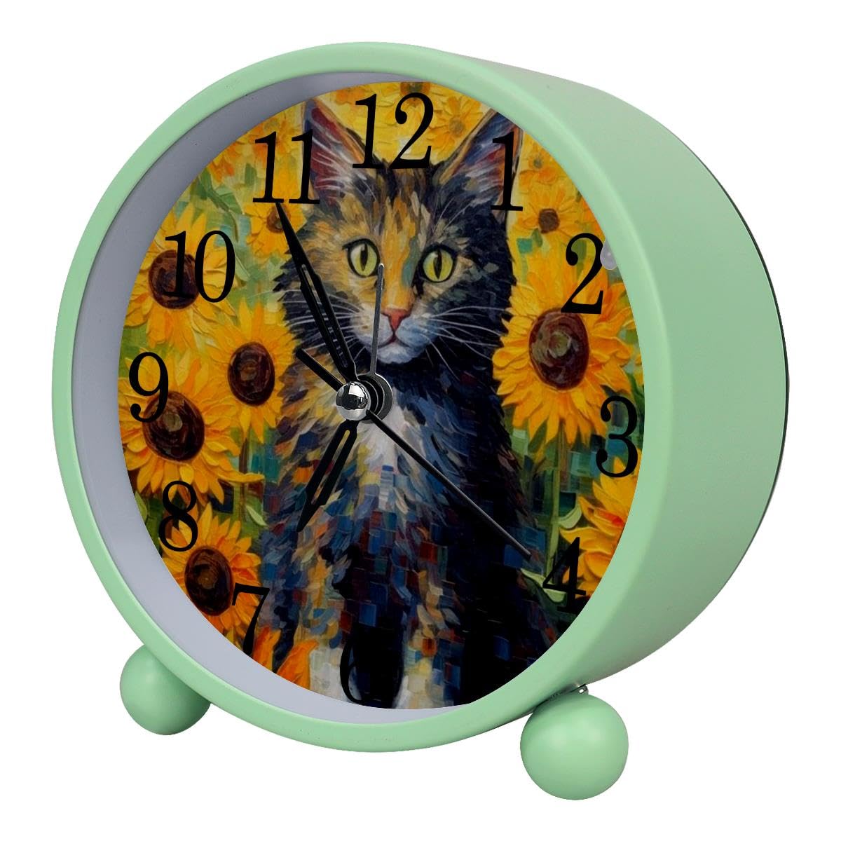 Alarm Clock Sunflowers and Cat, Silent Non-Ticking with Night Light