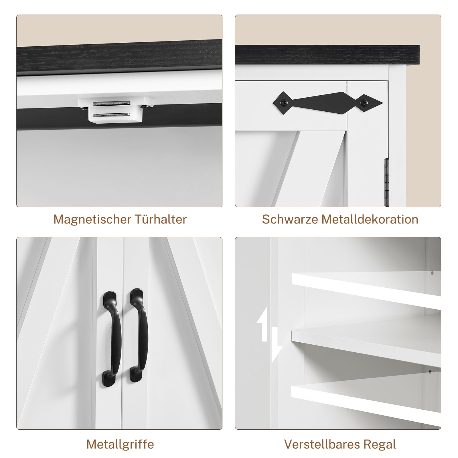 TEENFON 148 cm Küchenschrank 4 Scheunentüren, Mehrzweckschrank mit 2 Feste Regale & 1 Verstellbare Regale, Vorratsschrank für Küche, Esszimmer, Wohnzimmer, Badezimmer - 60 x 30 x 148 cm - Weiß