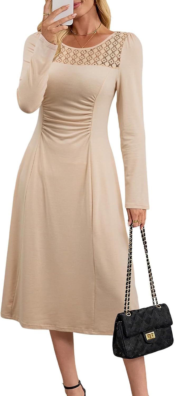 Dokotoo Women’s Casual Long Sleeve Dresses Fashion Fall Lace Crewneck Elegant Solid Formal Midi Dress
