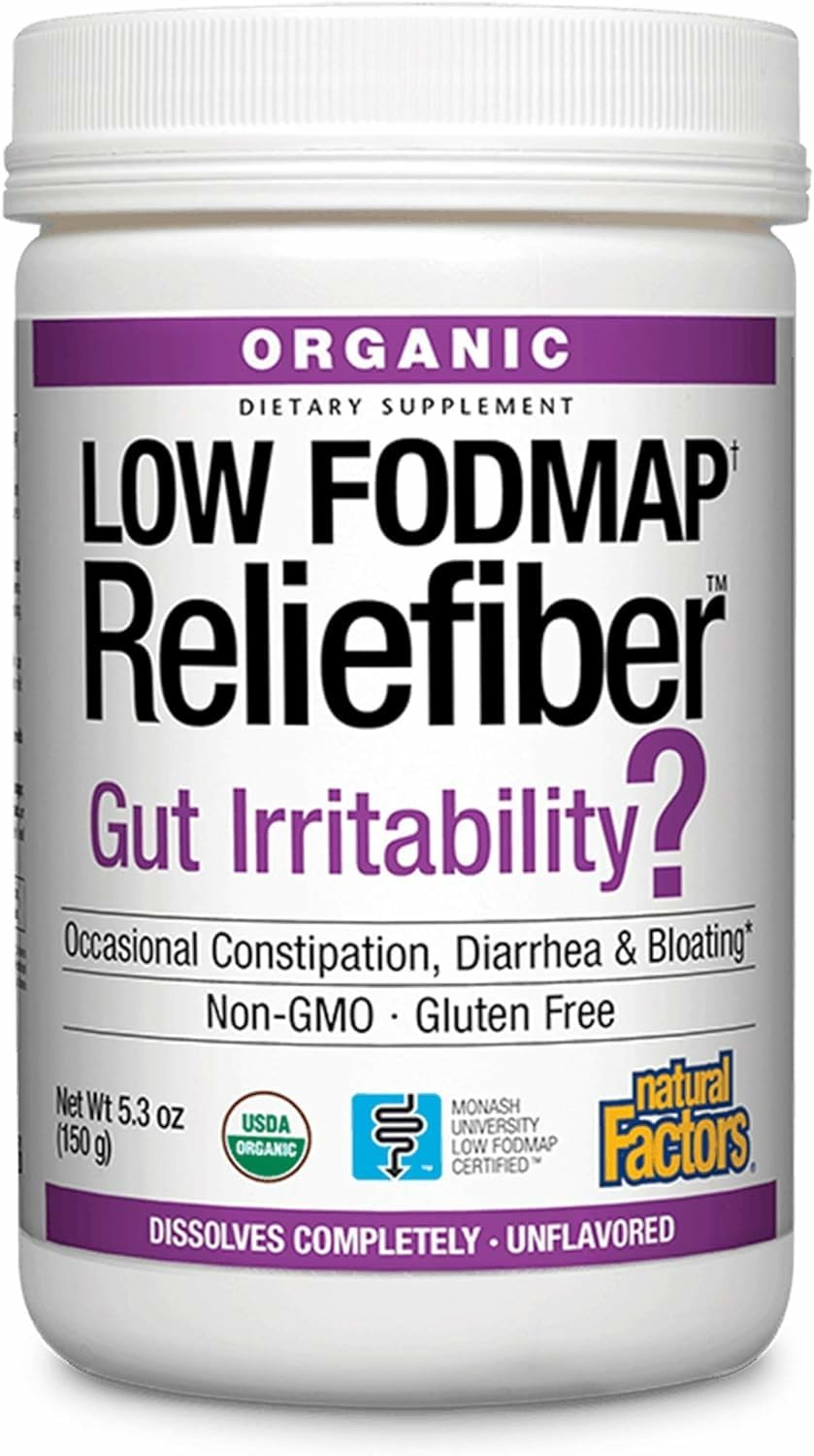 Natural FactorsOrganic Low FODMAP Reliefiber Powder - Digestive Health Support Supplement with Dietary & Soluble Fiber - Gut Health Support Aids Mild Bloating - Unflavored, 150 g (30 Servings)