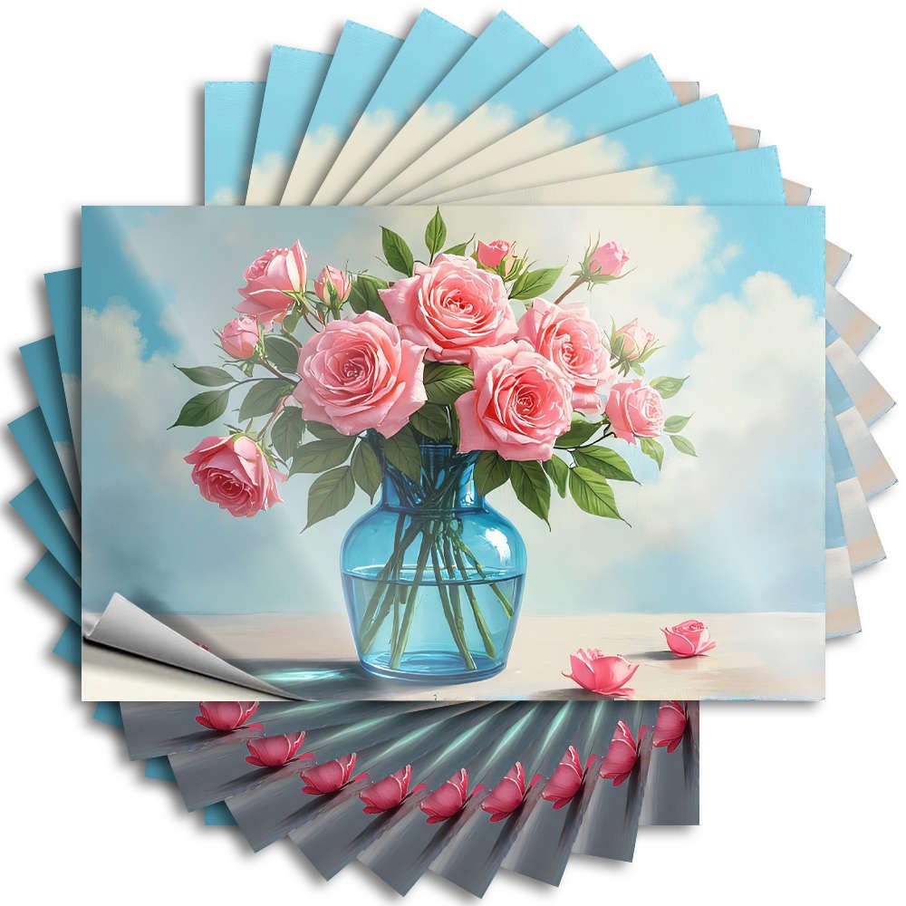 Coffee Bar Decor Tumbler Lettering Sticker - A Bouquet of Pink Roses in A Blue Vase. Fluffy Durable Sticker Easy Apply for Beer Decor(8X12CM)