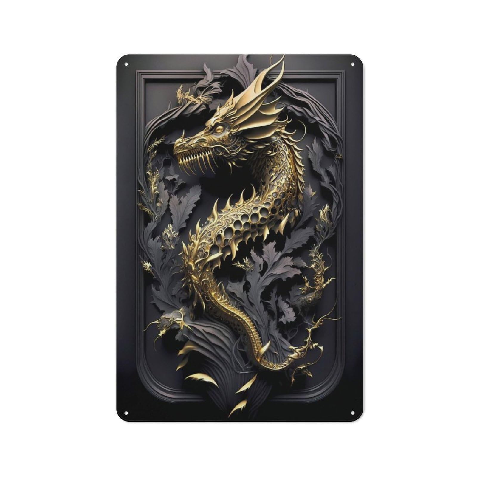 Junmoney Style-21 Shiny Golden Dragon Retro-Style Tin Sign 30X20cm For Guest Room Or Hallway, A Christmas Gift For People Styling Guest Room And Hallway