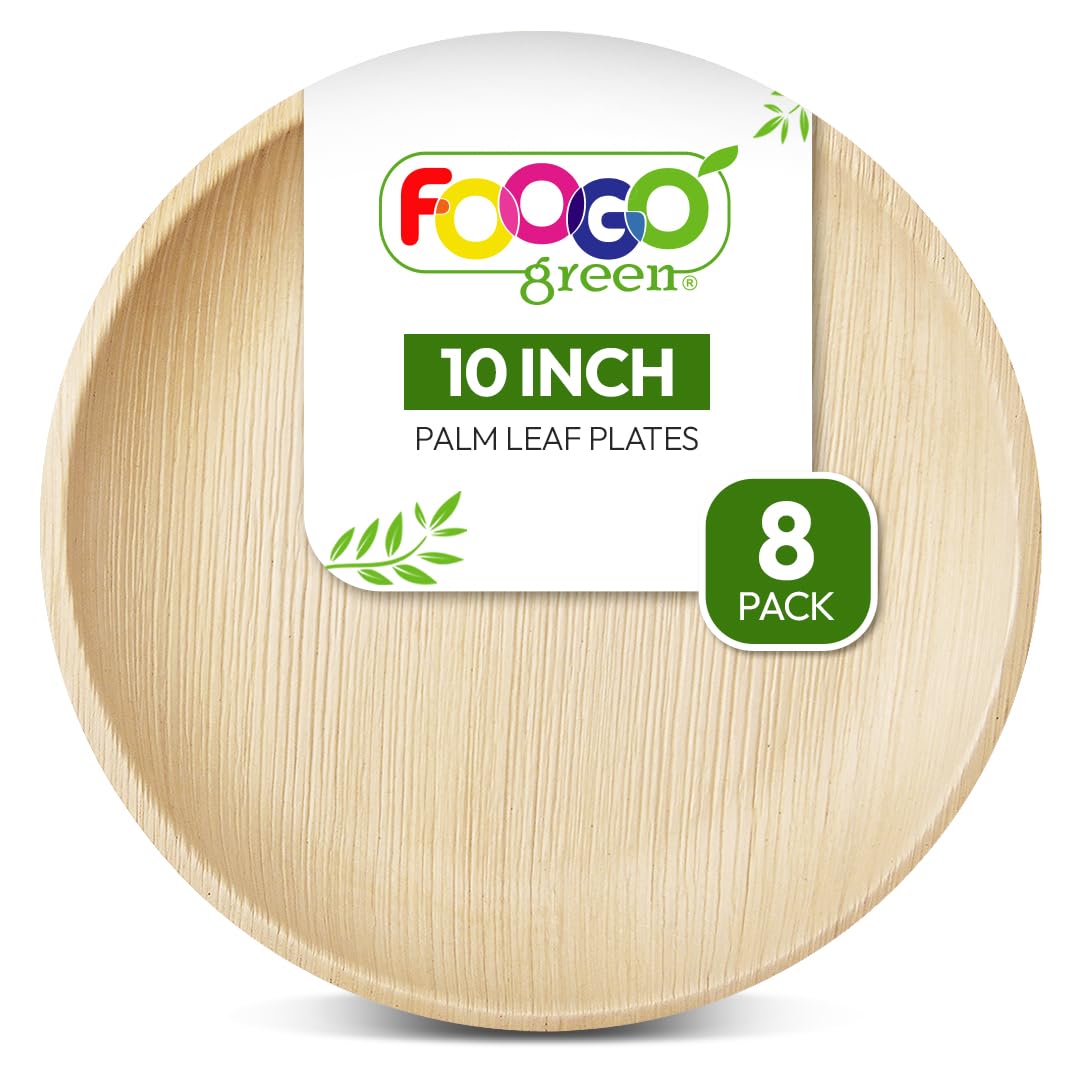 FOOGO Green 8pcs Disposable Palm Leaf Plates, 10"(25cm) Large Round, Eco Friendly Biodegradable Compostable Like Wooden, Bamboo, Paper Plates, for Hot Food, Wedding Picnic Parties