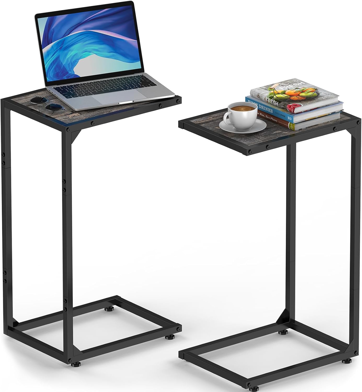 C Shaped End Table Living Room Set of 2 Tray Tables with Metal Frame for Small Spaces, Side Table for Couch Slide Under Sofa, Bedroom, Dark Gray